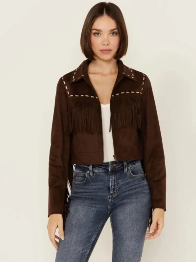 Womens Contrast Stitch Fringe Suede Leather Jacket