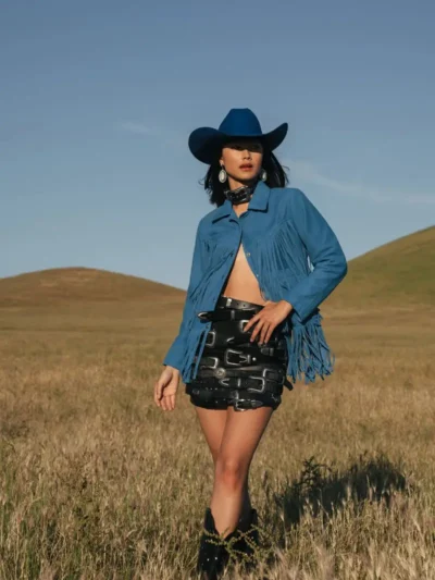 Women Blue Fringe Leather Jacket