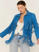 Women Blue Fringe Leather Jacket