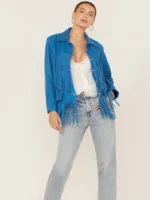 Women Blue Fringe Leather Jacket