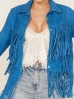 Women Blue Fringe Leather Jacket