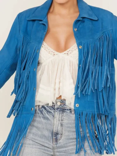 Women Blue Fringe Leather Jacket